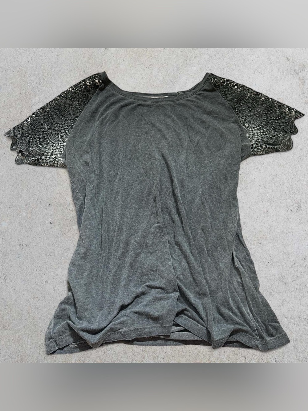 Dantelle Charcoal Gray Tee with Lace Sleeves
